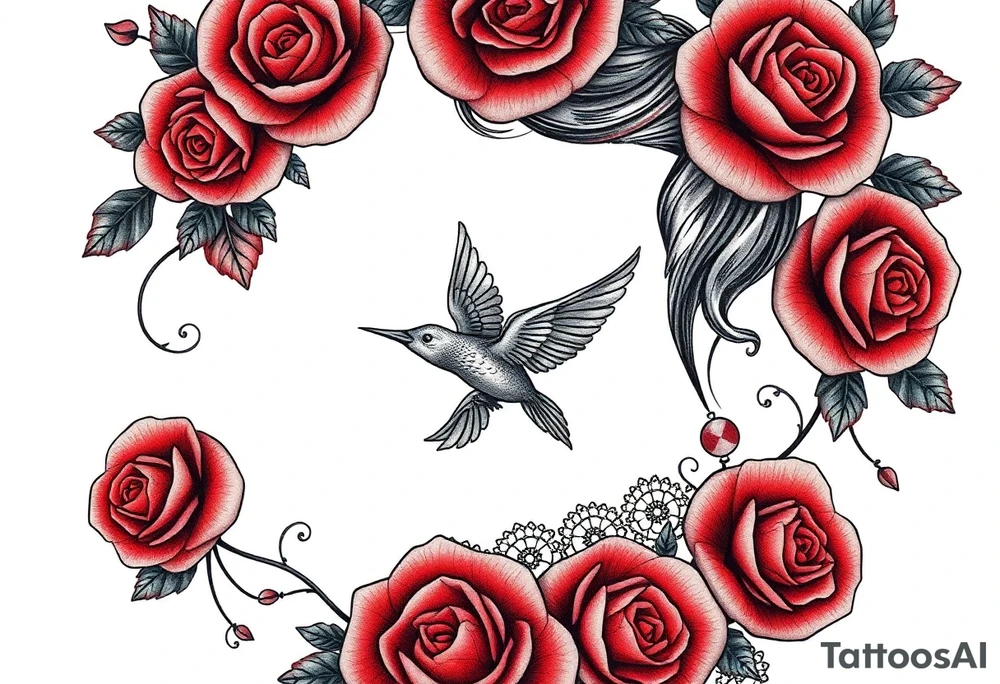 Vintage dollies, red roses, lace, red bird, vintage, wrap around, no person tattoo idea