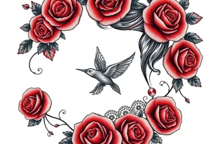 Vintage dollies, red roses, lace, red bird, vintage, wrap around, no person tattoo idea