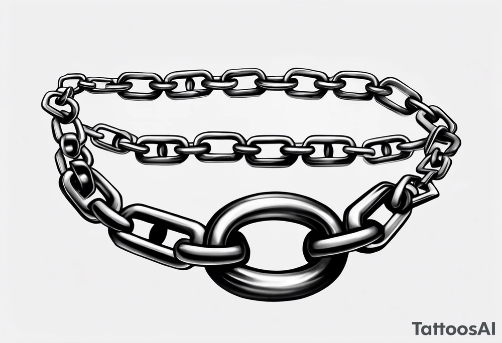 Create a tattoo sketch in a realistic style, depicting a straight chain lying horizontally on a white background. The chain links should be identical in size, evenly spaced, and perfectly aligned from a top-down view. Focus on capturing the metallic texture, reflections, shadows, and signs of wear on each link for a lifelike effect. tattoo idea