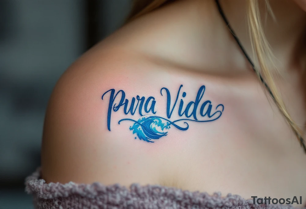 “Pura Vida” in freehand script flowing into a wave, shaded in gradient tones of blue and white. tattoo idea