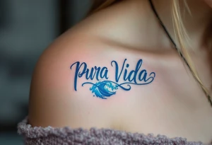 “Pura Vida” in freehand script flowing into a wave, shaded in gradient tones of blue and white. tattoo idea