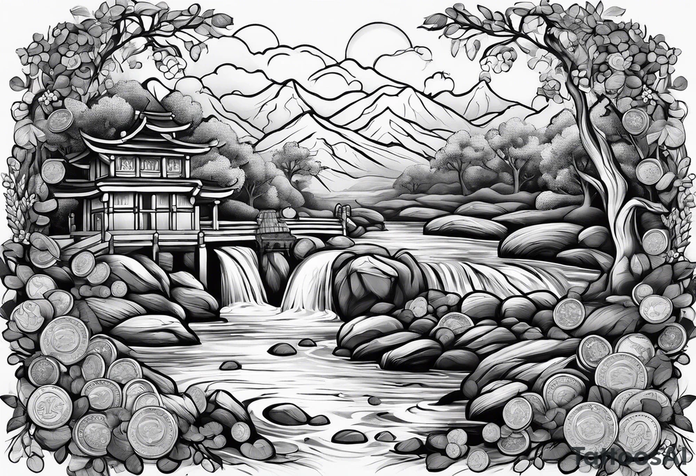 flowing river of coins tattoo idea
