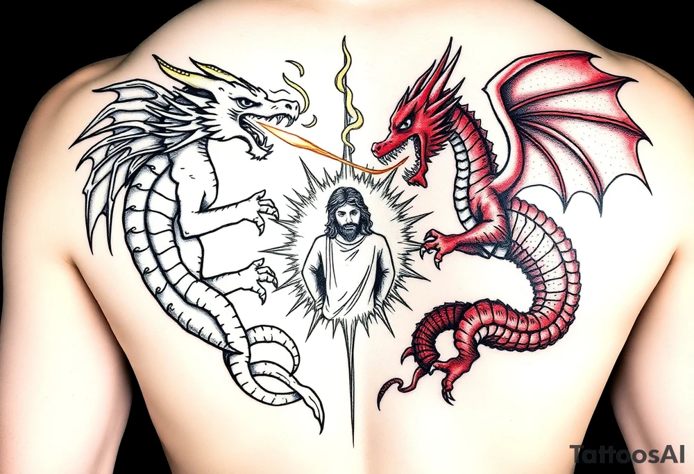 Golden dragon on left shoulder, chest and arm breathing fire at a red dragon on right quad and lower right abdomen breathing fire at the gold dragon with Jesus in the middle of a forcefield blocking fire from both dragons. tattoo idea