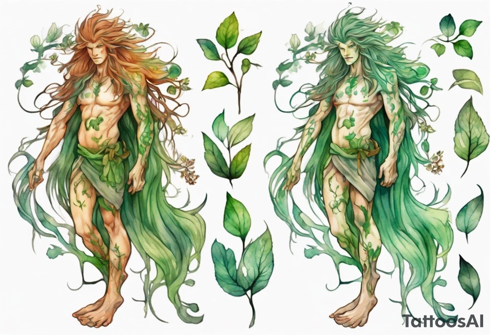 a slender and beautiful male dryad with green skin and long copper hair and roots instead of feet tattoo idea