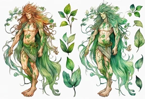 a slender and beautiful male dryad with green skin and long copper hair and roots instead of feet tattoo idea