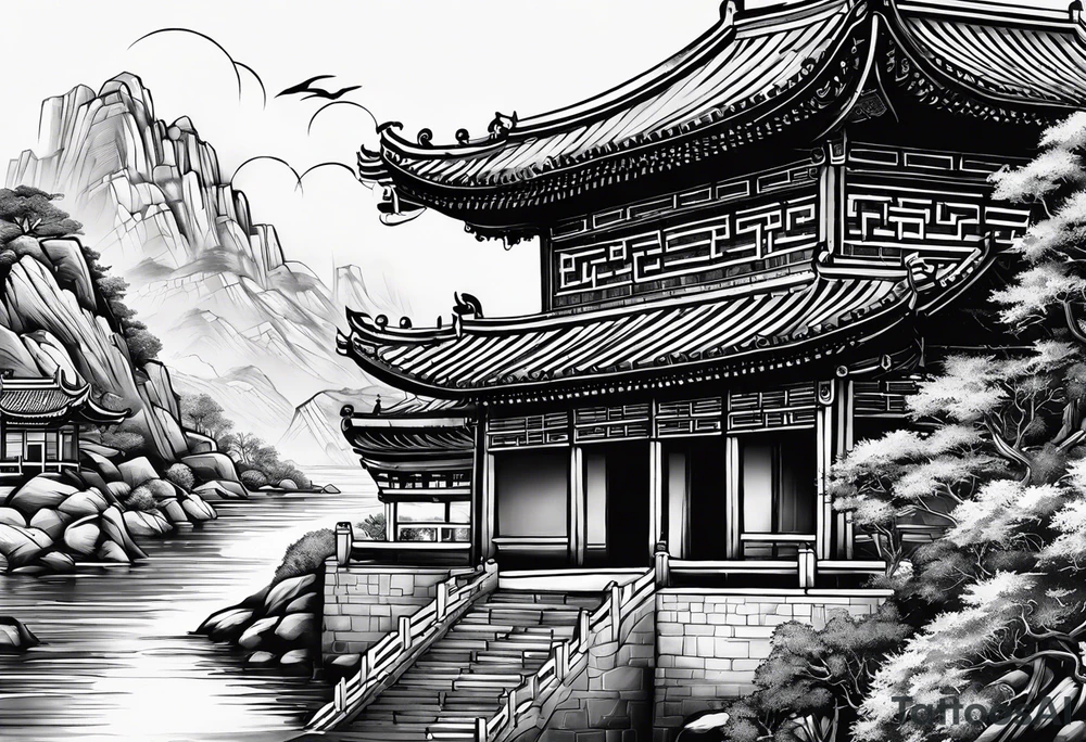Chinesischer see mit der Mauer im hintergrund und verschiedenen Tieren tattoo idea