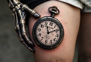 A monochrome skeleton hand holding a ticking pocket watch with gold highlights, "memento mori" engraved across the watch face. tattoo idea