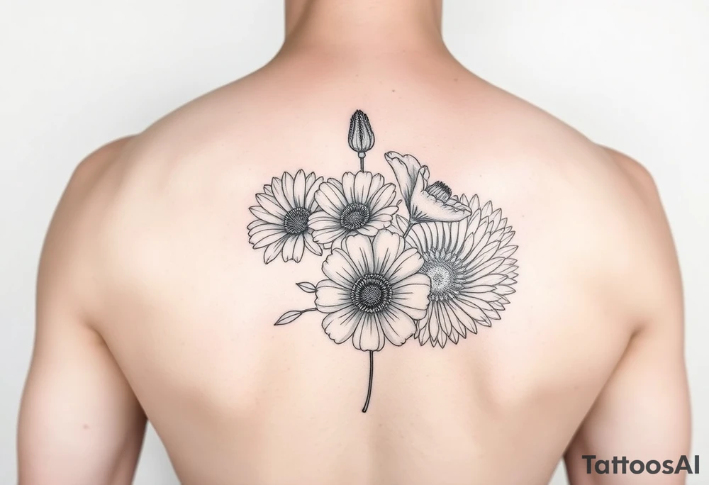 Simple line tattoo of flower bouquet in order of these flowers, daisy, cosmo, poppy, chrysanthemum, cosmo tattoo idea