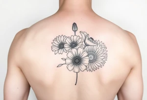 Simple line tattoo of flower bouquet in order of these flowers, daisy, cosmo, poppy, chrysanthemum, cosmo tattoo idea