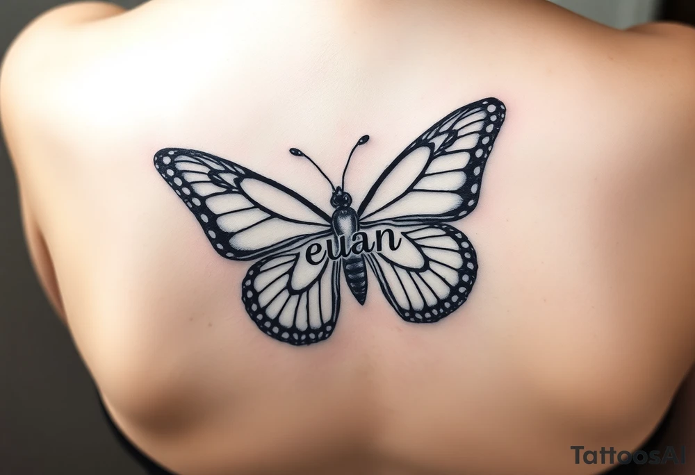 A butterfly with the name “euan” incorporated into it tattoo idea