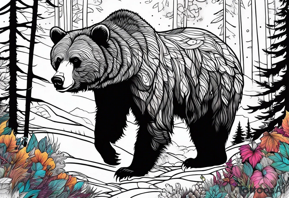 grizzly bear mountain forest tattoo idea