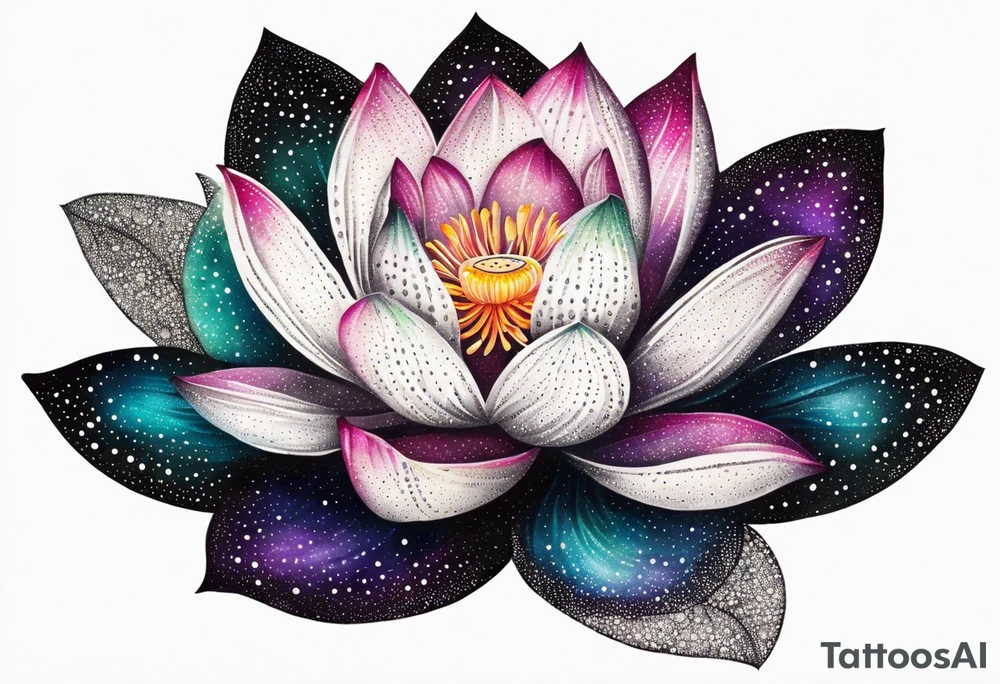 Vibrant colorful lotus flower at night time tattoo idea