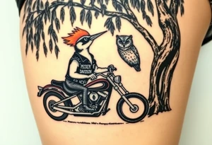 Woody the woodpecker wearing a leather vest that says peckerwoods, on a Harley Davidson under a willow tree, gazing in love at a barn owl tattoo idea
