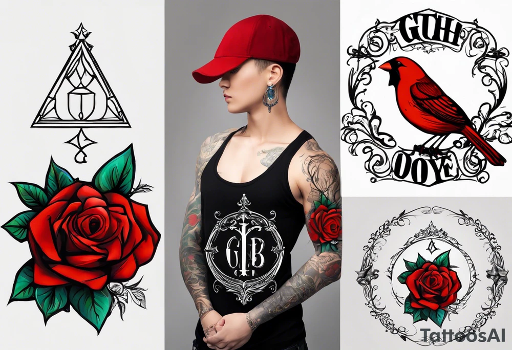 Put Be strong And courageous Do be afraid;  Do not be discouraged  for the lord your god will be with you whenever you go Joshua 1:9 and For god so loved the world that he gave his one and only son that whoever believes in him shall not perish but have eternal. With a red rose and a red cardinal make a right arm sleeve tattoo idea