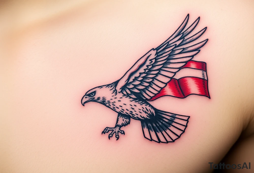 An eagle soaring over a Czech battlefield, carrying a battle-scarred flag, with dramatic light and shadow effects. tattoo idea