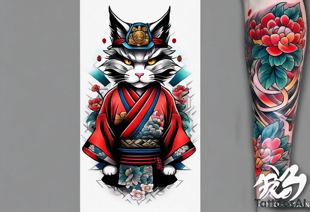 Calf tattoo of a samurai cat tattoo idea