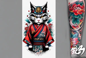 Calf tattoo of a samurai cat tattoo idea
