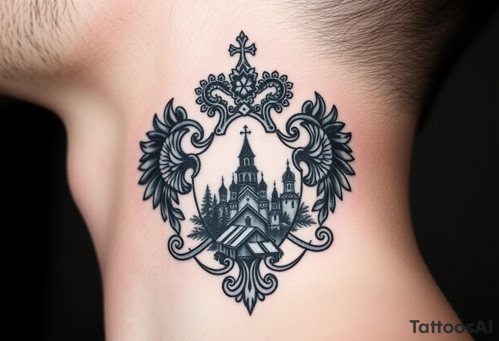 Traditional authentic Russian coat of arms with a Christian orthodox virgin marry in the middle and silhouette in a Russian wilderness Christian orthodoxy dome church village setting on the side of my neck tattoo idea