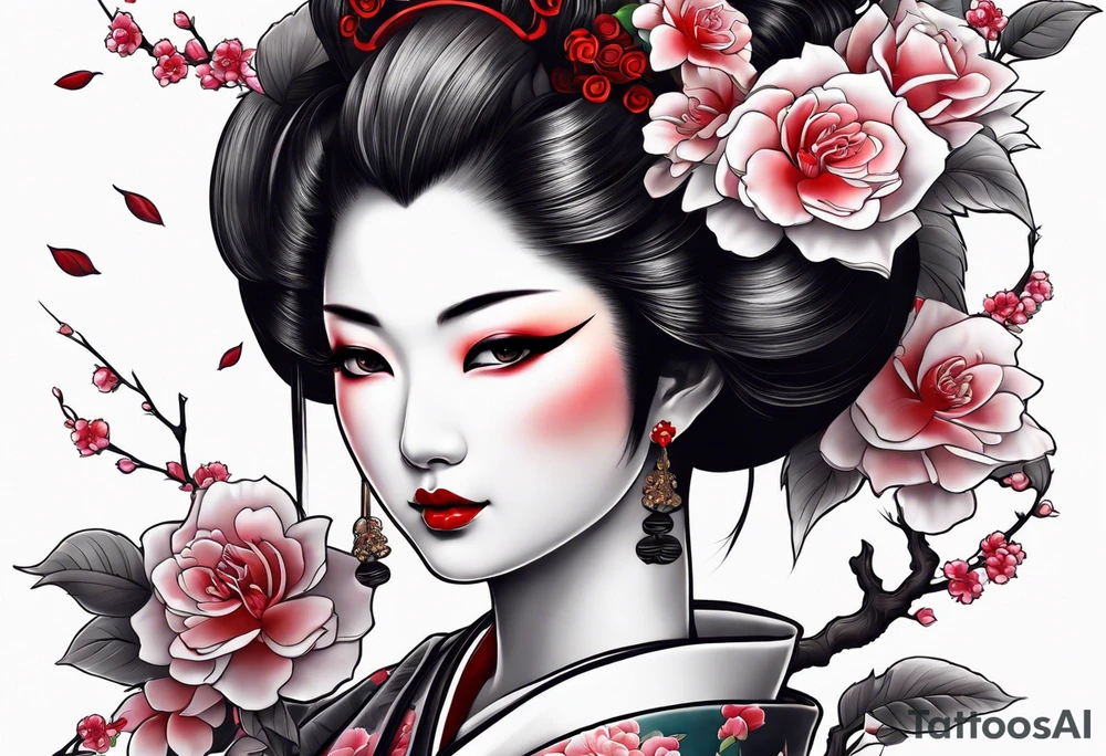 Geisha holding a colored roses under a cherry tree tattoo idea Geisha holding a colored roses under a cherry tree tattoo idea