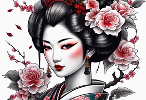 Geisha holding a colored roses under a cherry tree tattoo idea