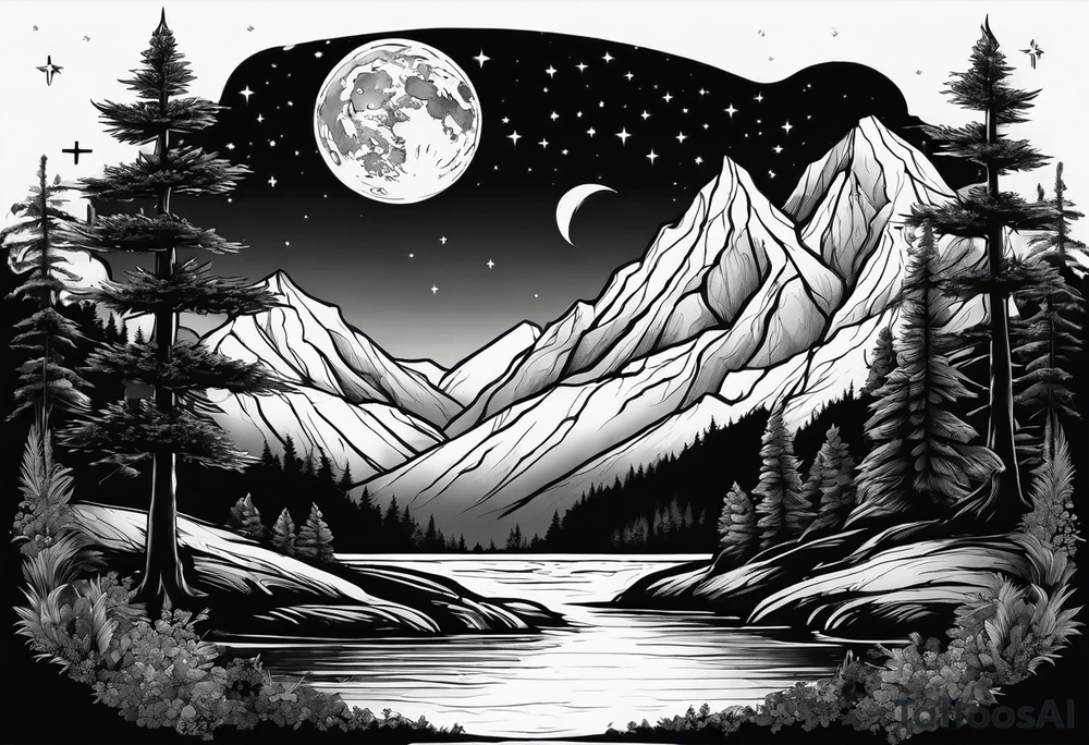 a family of three sitting in a nature with mountains, waterfall, water, and a cross in the background and and moon in the sky with stars tattoo idea