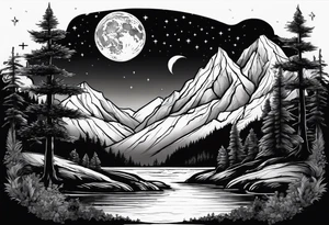 a family of three sitting in a nature with mountains, waterfall, water, and a cross in the background and and moon in the sky with stars tattoo idea