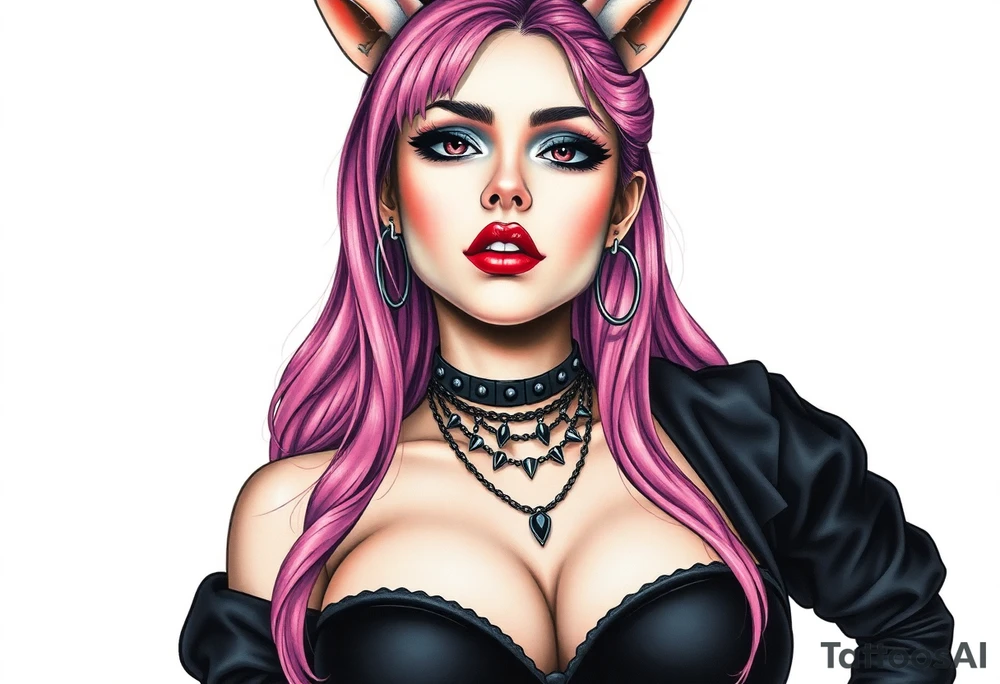 hot goth girl with puppy ears and with piercings on face and big boobs and big butt full body 
 with black outfit on with pink hair tattoo idea