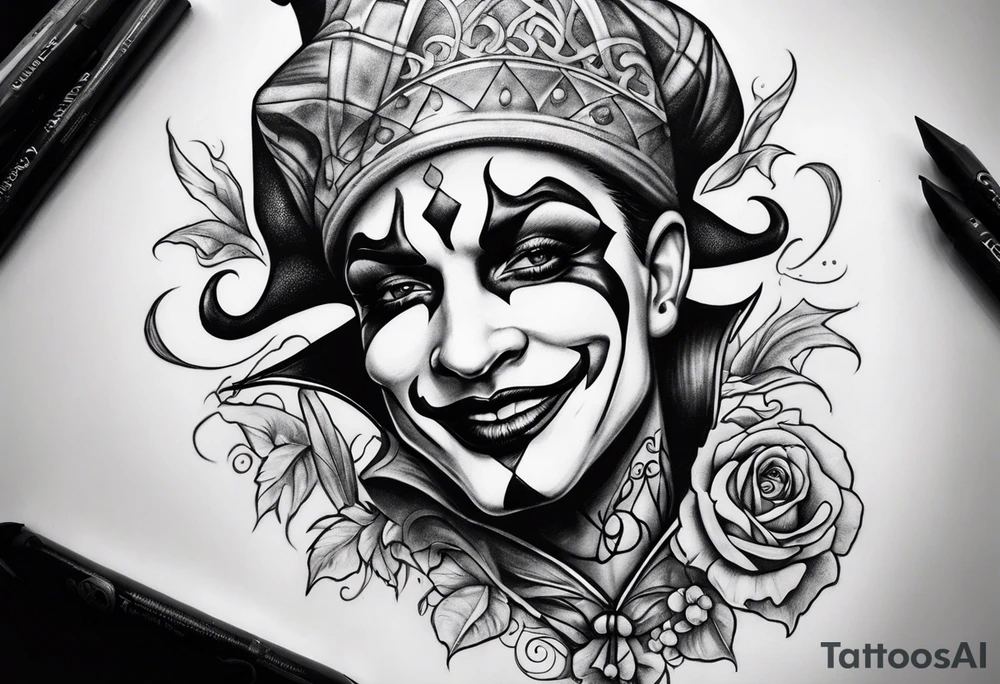 Happy and sad two face jester tattoo idea