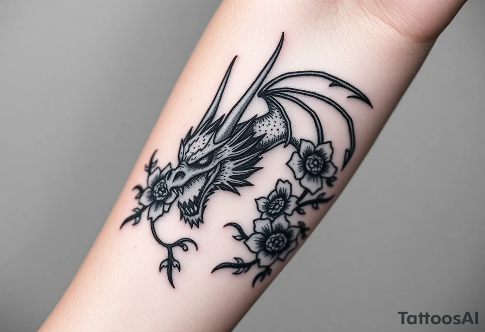 scary dragon with death flowers tattoo idea
