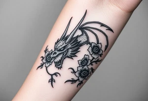 scary dragon with death flowers tattoo idea