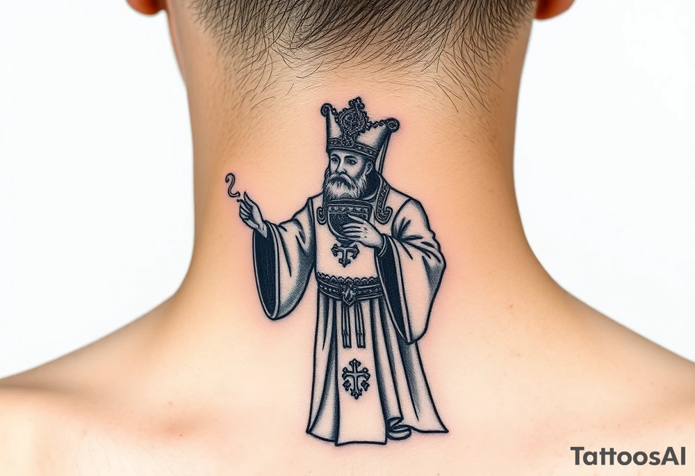 Russian Orthodox Priest in fully detailed vestment swinging a censer with smoke curling upward tattoo idea