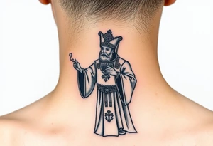 Russian Orthodox Priest in fully detailed vestment swinging a censer with smoke curling upward tattoo idea