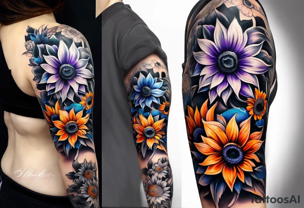 Full leg sleeve with purple, orange and blue sunflowers tattoo idea