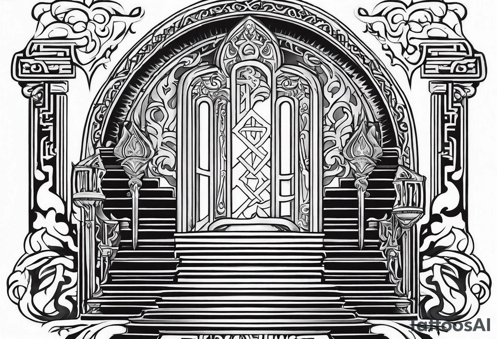 Valhalla mist fire sword shield stairs tattoo idea