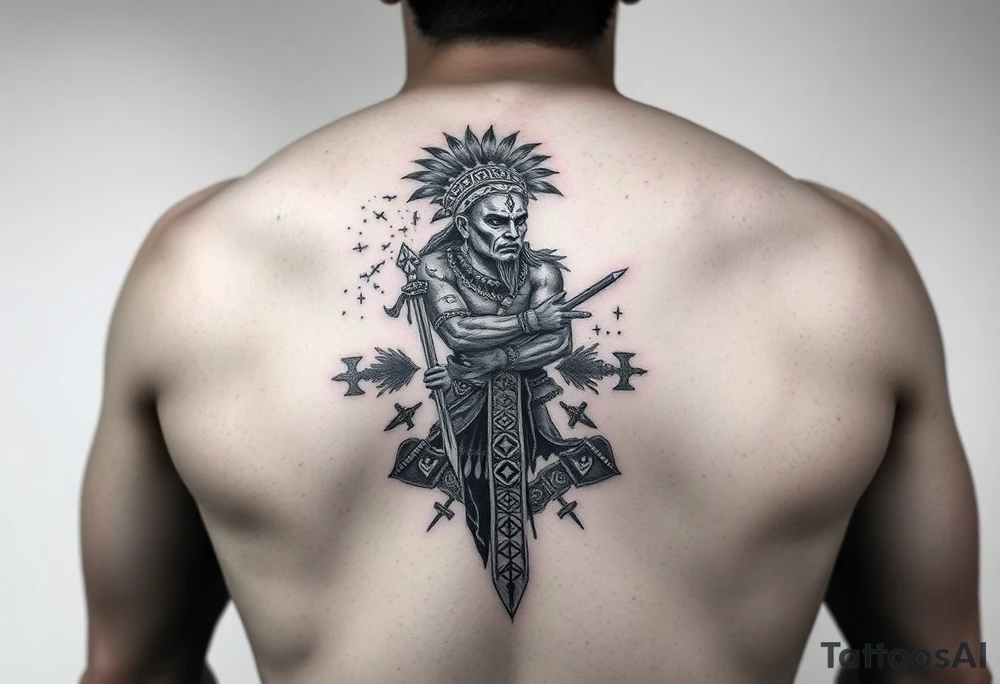 Purepecha warrior surrounded by purepecha symbols on forearm tattoo idea