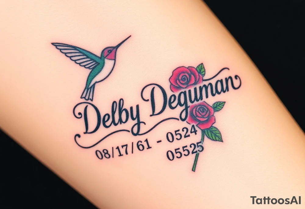 Bold curly Cursive name Debby Deguzman surrounded by a hummingbird a rose and these dates 08/17/61 - 05/29/25 tattoo idea