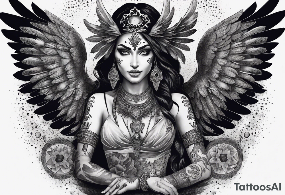 black kali, goddess pirate, alien, angel, pachamama, valkrye, warrior, flying, skull, lotus azul, wing, eagle, zenza resonance, stars, 5D, anahata chakra, death, durga, riding on a tiger, flying lady, chest tatoo tattoo idea