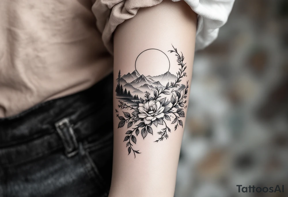 Rose vine and wild flowers, moon forest 
mountains and wrap around half sleeve tattoo idea