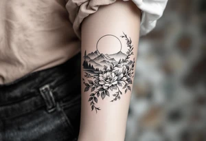 Rose vine and wild flowers, moon forest 
mountains and wrap around half sleeve tattoo idea