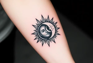 celestial sun and moon embrace with constellation patterns tattoo idea