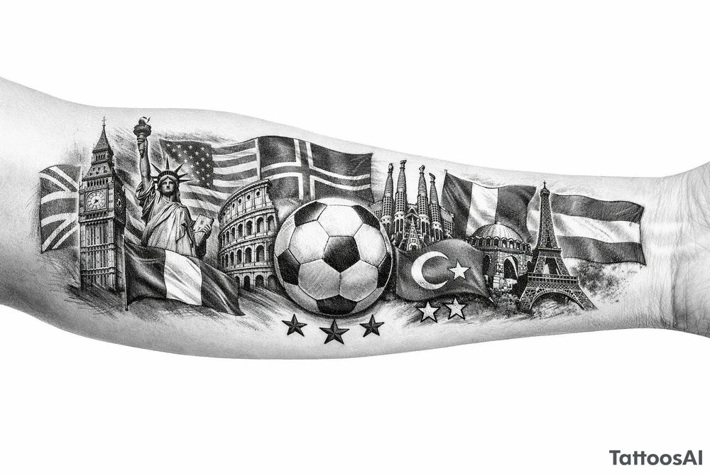 Football related my own journey England USA Iceland Italy Spain Turkey France Hungary flags inside forearm can u put 3 stars under iceland , 2 under turkey and italy tattoo idea