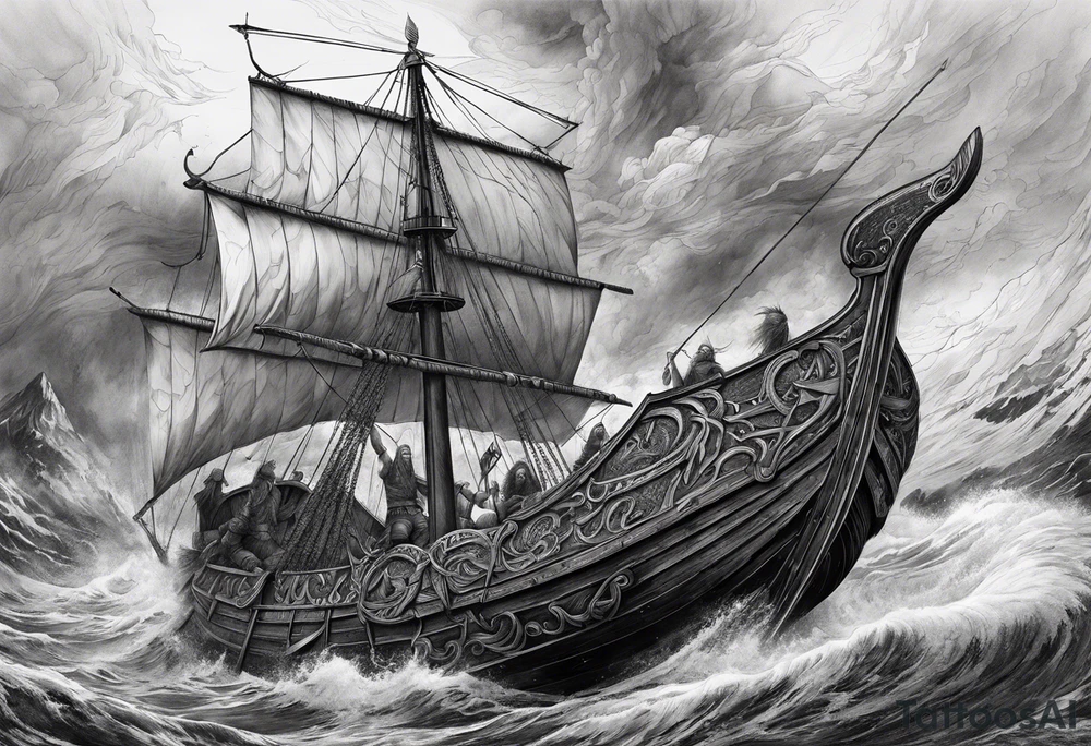 Norse mythology, ultra realism, Viking ships,  war, battle, storm, chaos,  detailed tattoo idea