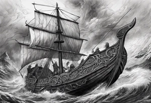 Norse mythology, ultra realism, Viking ships,  war, battle, storm, chaos,  detailed tattoo idea