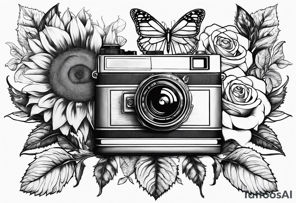 sunflower, camera, flower rose , book, butterfly tattoo idea sunflower, camera, flower rose , book, butterfly tattoo idea