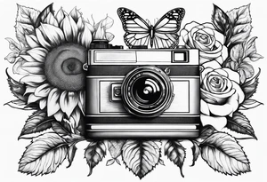 sunflower, camera, flower rose , book, butterfly tattoo idea