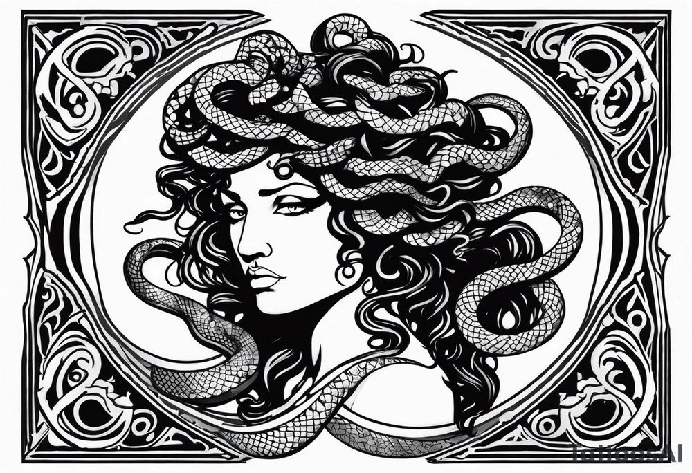 Suspicious and 
Scary Greek god medusa with snake hairs tattoo idea