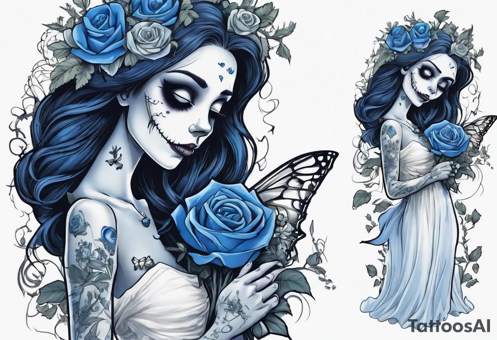 corpse bride Emily wearing a wedding dress. the vail on her head. she is holding a bouquet of blue roses in the middle of the bouquet  there is one white daisy. there is one blue butterfly flying around her. A full moon on the background. tattoo idea