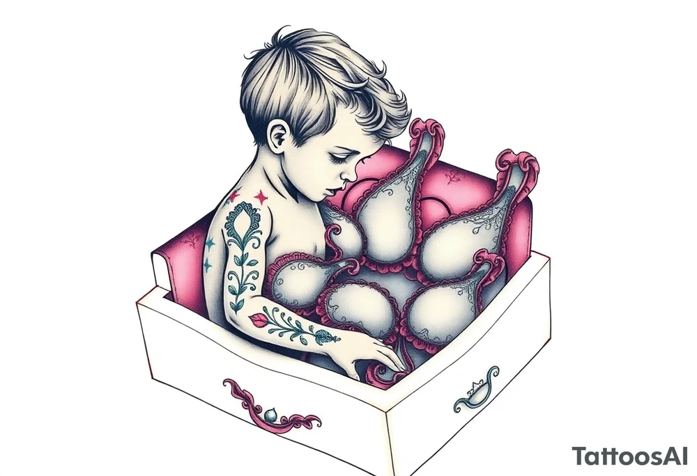 a little boy looking into his mothers drawer full of bras tattoo idea