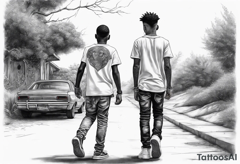 3 young black brothers walking away together  you can see their full bodies and one is looking to the side showing the side of his face tattoo idea