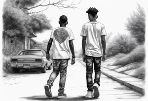 3 young black brothers walking away together  you can see their full bodies and one is looking to the side showing the side of his face tattoo idea